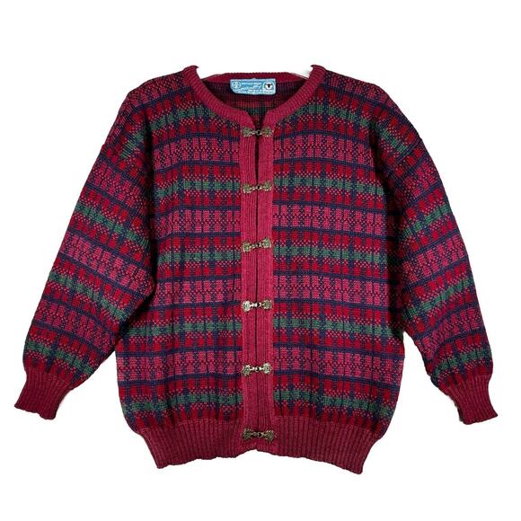 British Wool Sweater Women Large Red Plaid Nordic Cardigan Boho Bohemian Vintage - Picture 1 of 6